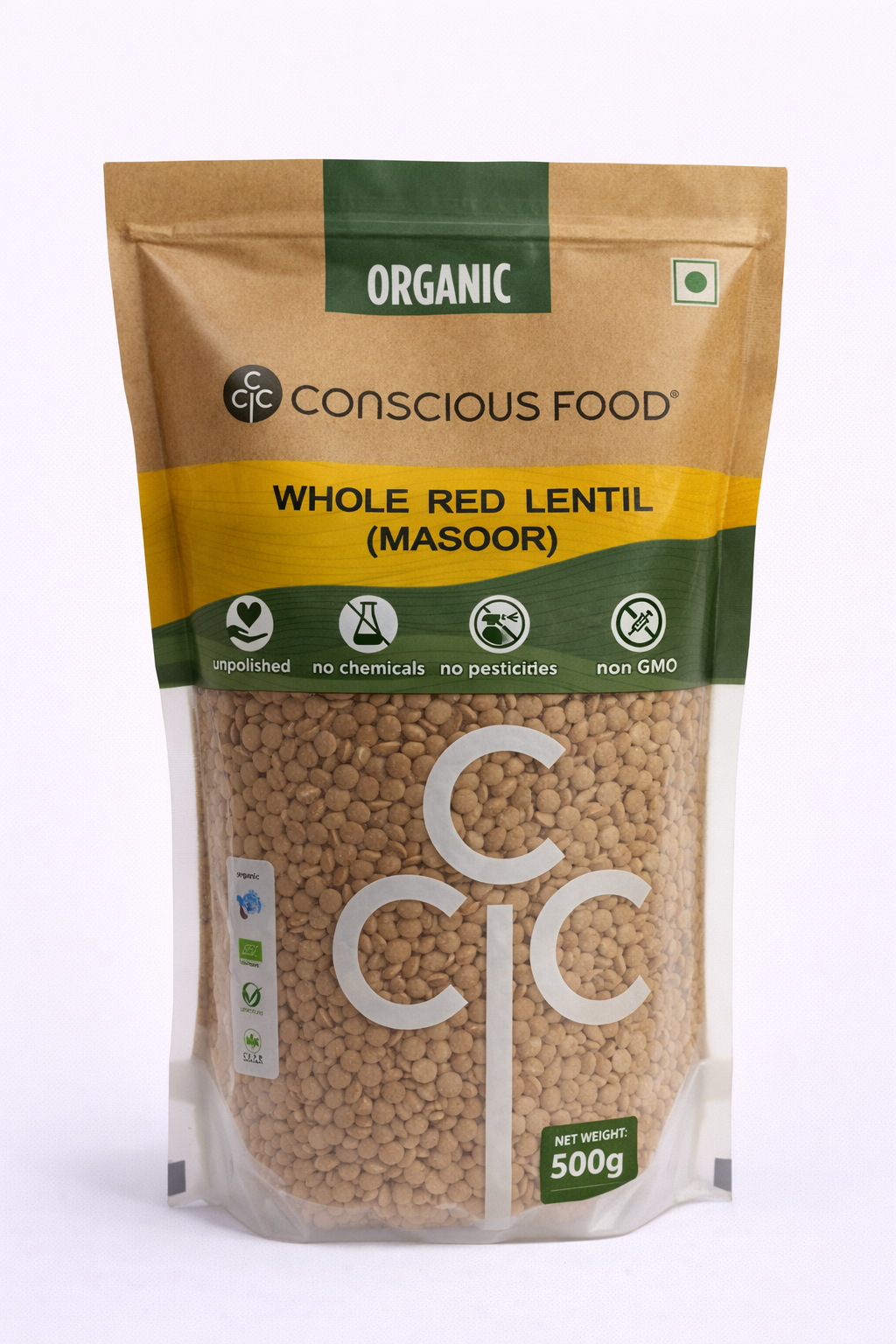 Conscious Food Organic Whole Red Lentils (Masoor) - 500 gm